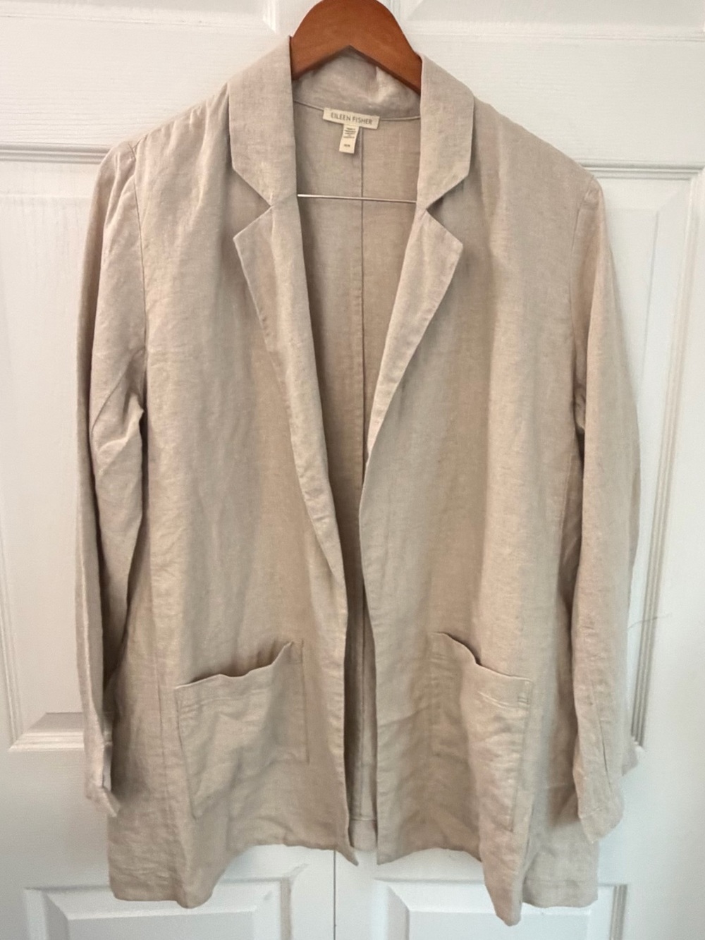Eileen Fisher Organic Linen Long Blazer M Beige Oatmeal Lagenlook jacket